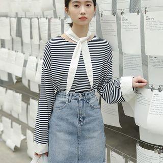 Long-sleeve Bow Accent Striped T-shirt As Shown In Figure - One Size
