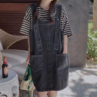 Set: Elbow-sleeve Striped T-shirt + Denim Mini Overall Dress