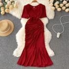 Short-sleeve Asymmetrical Shirred Bodycon Dress