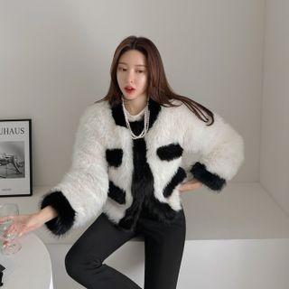 Collarless Contrast-trim Faux-fur Jacket