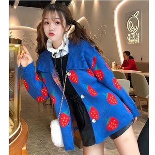 Collared Strawberry Patterned Buttoned Cardigan