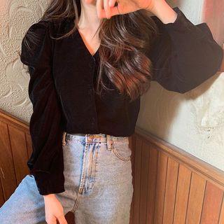 V-neck Balloon-sleeve Velvet Blouse