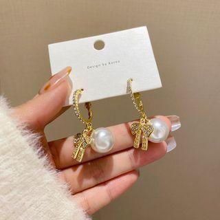 Bow Rhinestone Faux Pearl Dangle Earring E4597 - 1 Pc - Gold - One Size