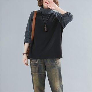 Long-sleeve Mock-neck Raglan Top Black - One Size