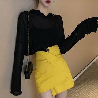 Hooded Long-sleeve T-shirt / Irregular Hem High-waist Mini A-line Skirt