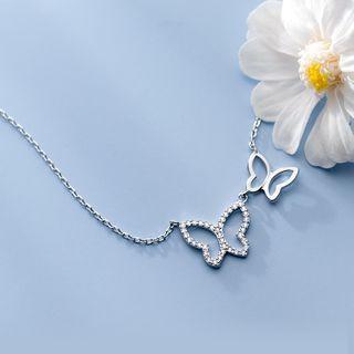 Rhinestone Butterfly Necklace 1 Pc - S925 Sterling Silver Necklace - One Size