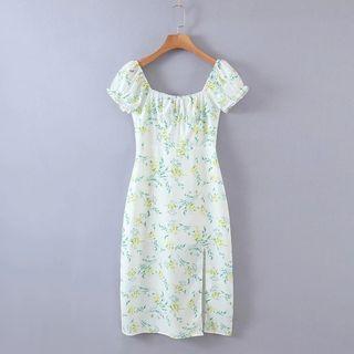 Square-neck Short-sleeve Floral Slit Dress