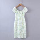 Square-neck Short-sleeve Floral Slit Dress