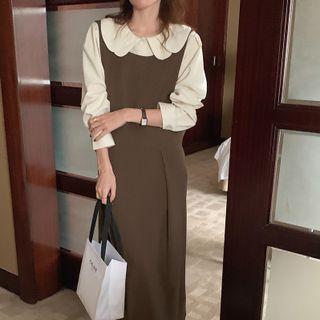 Long-sleeve Peter Pan Collar Blouse / Midi Overall Dress