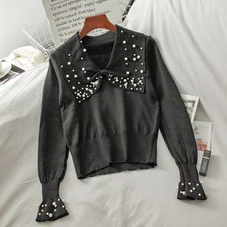 Faux Pearl Collared Puff-sleeve Sweater