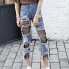 Cropped Rip Mesh Straight Fit Jeans