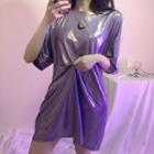 Glitter Elbow-sleeve Long T-shirt As Shown In Figure - One Size