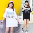Cold-shoulder Elbow-sleeve Cat Sequined T-shirt