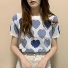 Short-sleeve Heart Print Faux Pearl Trim T-shirt