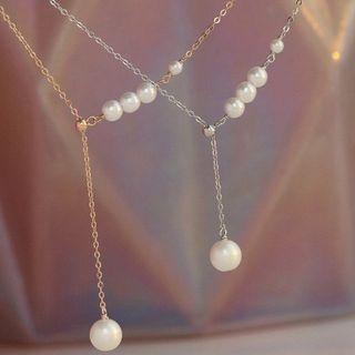 Faux Pearl Pendant Y Sterling Silver Necklace