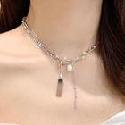 Stainless Steel Rhinestone Faux Pearl Choker Silver - One Size