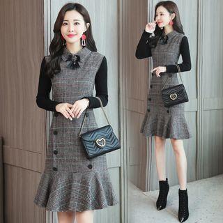 Plaid Long-sleeve Knitted A-line Dress