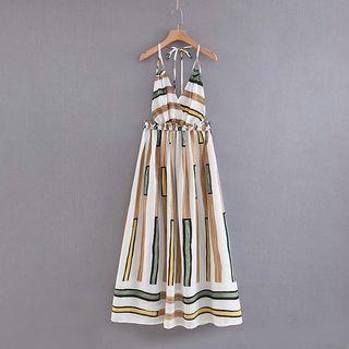 Spaghetti Strap Midi A-line Striped Dress