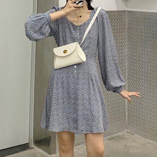 Puff-sleeve Floral Print A-line Dress Floral - Blue - One Size