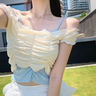 Set: Cap-sleeve Top + Camisole Top Top - Beige - One Size / Camisole Top - Blue - One Size