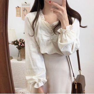 Ruffle Trim Shirred Long-sleeve Blouse