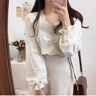 Ruffle Trim Shirred Long-sleeve Blouse