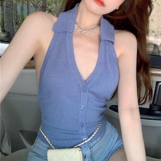 Halter-neck Button-up Cropped Top