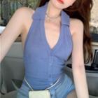 Halter-neck Button-up Cropped Top