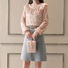 Set: Floral Print Ruffle Trim Blouse + A-line Skirt