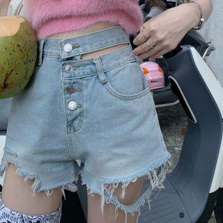 Distressed Denim Shorts / Short-sleeve Fluffy Top