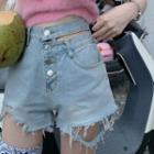 Distressed Denim Shorts / Short-sleeve Fluffy Top