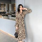 Bell-sleeve Leopard Print Midi A-line Dress