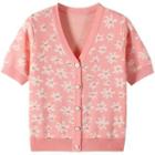 Short-sleeve Floral Knit Top Pink - One Size