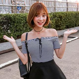 Off-shoulder Short-sleeve Striped Top