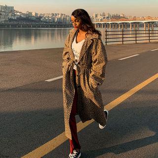 Single-breasted Leopard Trench Coat With Sash Brown - One Size