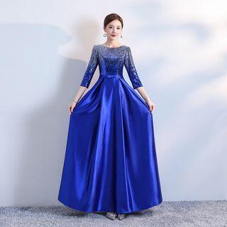 3/4-sleeve Sequin A-line Evening Gown