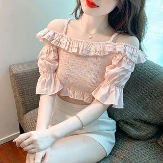 Short-sleeve Cold-shoulder Ruffle Cropped Blouse