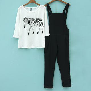 Set: Zebra Print 3/4-sleeve T-shirt + Pinafore Jumpsuit