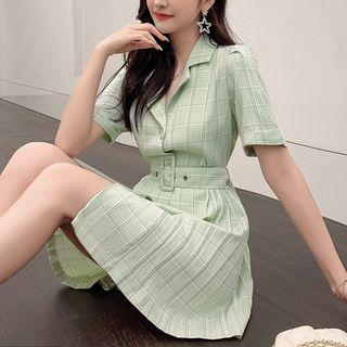 Plaid Short-sleeve Belted A-line Shirt Dress