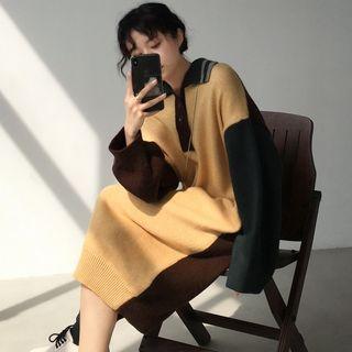 Color Block Polo-neck Midi Sweater Dress