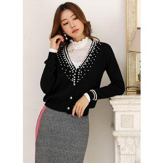 Plunge-neck Faux-pearl Cardigan