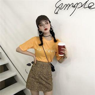 Letter Print Short-sleeve T-shirt/high-waist Leopard A-line Skirt