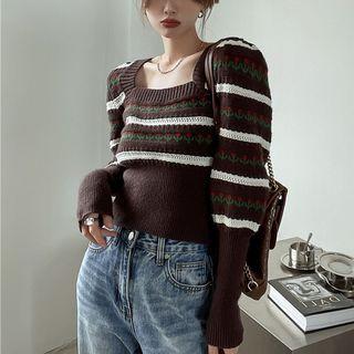 Square-neck Floral Striped Cropped Sweater