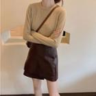 Crew-neck Long-sleeve Knit Top / Faux-leather A-line Skirt