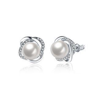 Elegant And Fashion Flower Pearl Stud Earrings With Austrian Element Crystal Silver - One Size