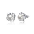 Elegant And Fashion Flower Pearl Stud Earrings With Austrian Element Crystal Silver - One Size