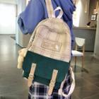 Bear Brooch Plaid Panel Cotton Backpack
