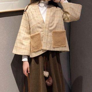 Plain Midi A-line Skirt/ 3/4-sleeve Plaid Open-front Jacket/ Mock Neck Long-sleeve T-shirt