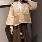 Plain Midi A-line Skirt/ 3/4-sleeve Plaid Open-front Jacket/ Mock Neck Long-sleeve T-shirt