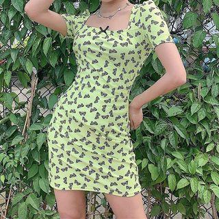 Short Sleeve Square-neck Butterfly Print Mini Bodycon Dress